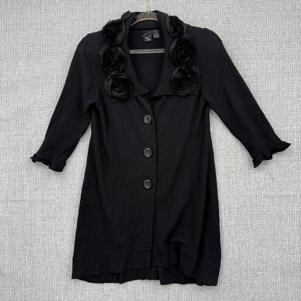 Nick &‎ Mo Black Cardigan 3D Rose Floral Collar Button Sz S Cottage Whimsigoth